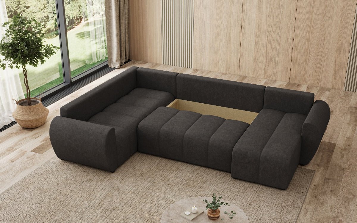 Designer Sofa Sorella U mit Schlaf- und Klappfunktion in Stoff