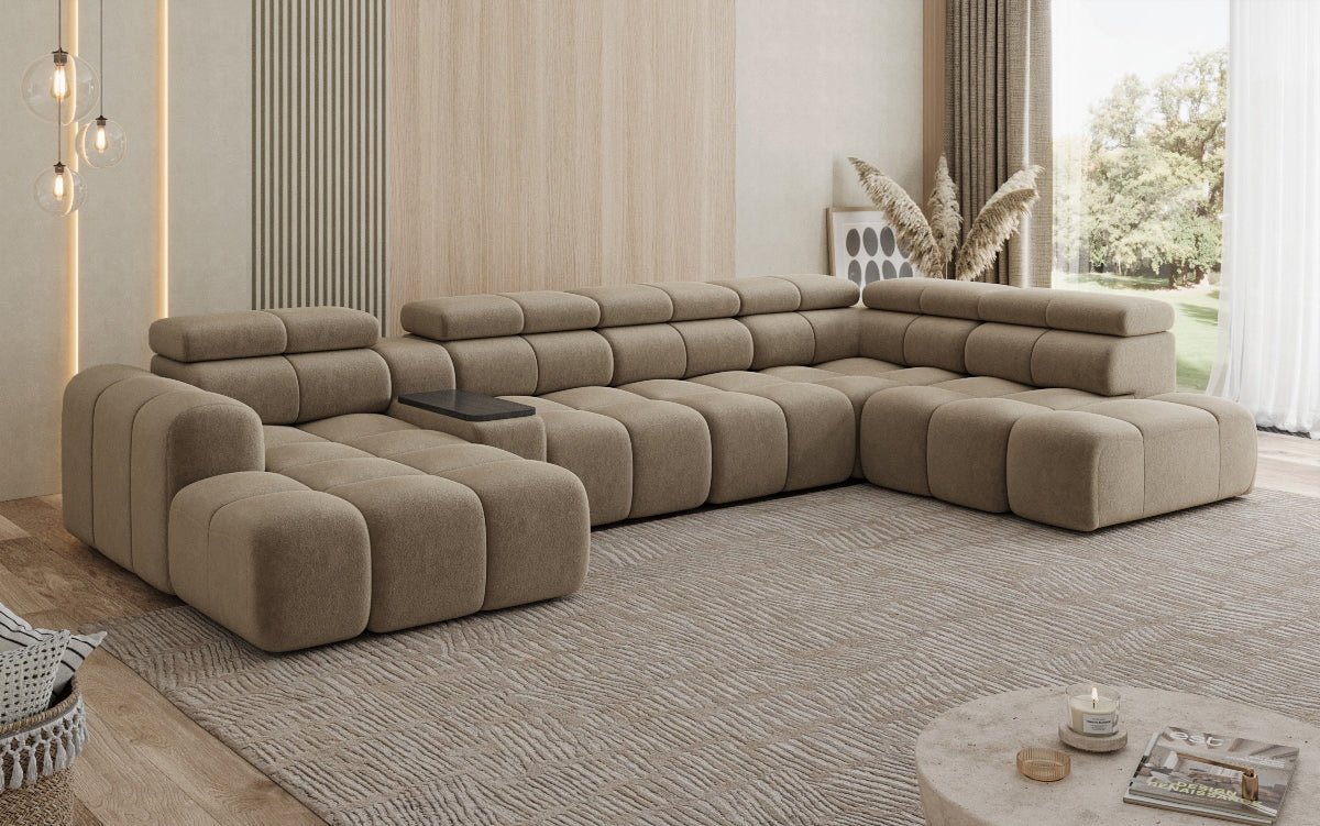 Designer Sofa Wohnlandschaft Mia mit elektrischer Sitzerweiterung in Chenille