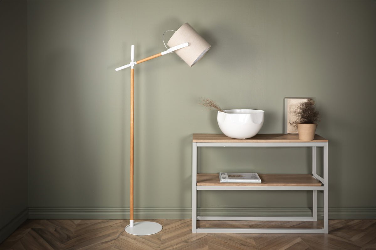 Stehlampe „Laura“ – flexibel schwenkbar mit Leinenschirm