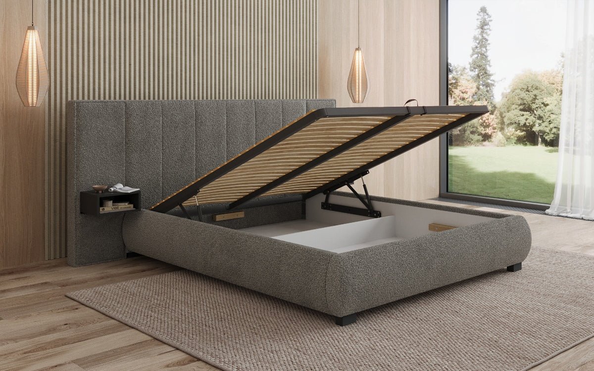 Designer Polsterbett Elvara in Bouclé mit Stauraum