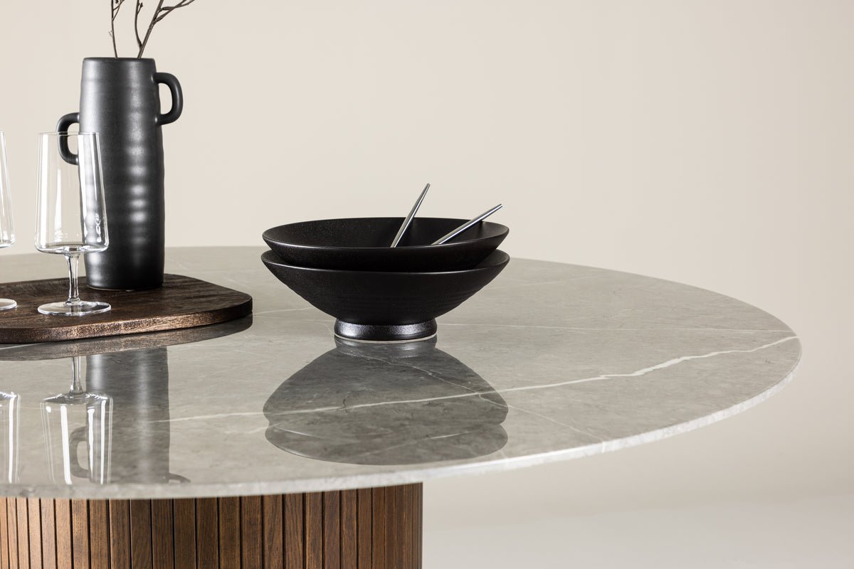 Esstisch Justin - runder Esstisch aus Eschenholz in Mokka mit Glasplatte