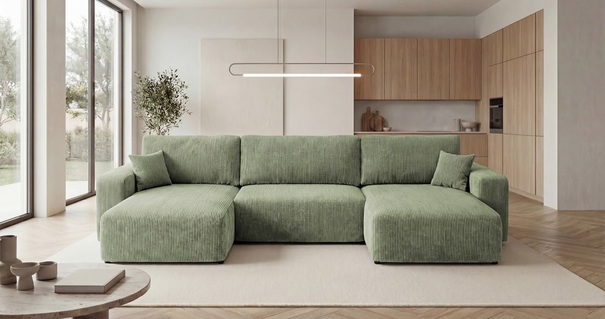 Designer Sofa Noma U mit Schlaffunktion und Stauraum in Cord