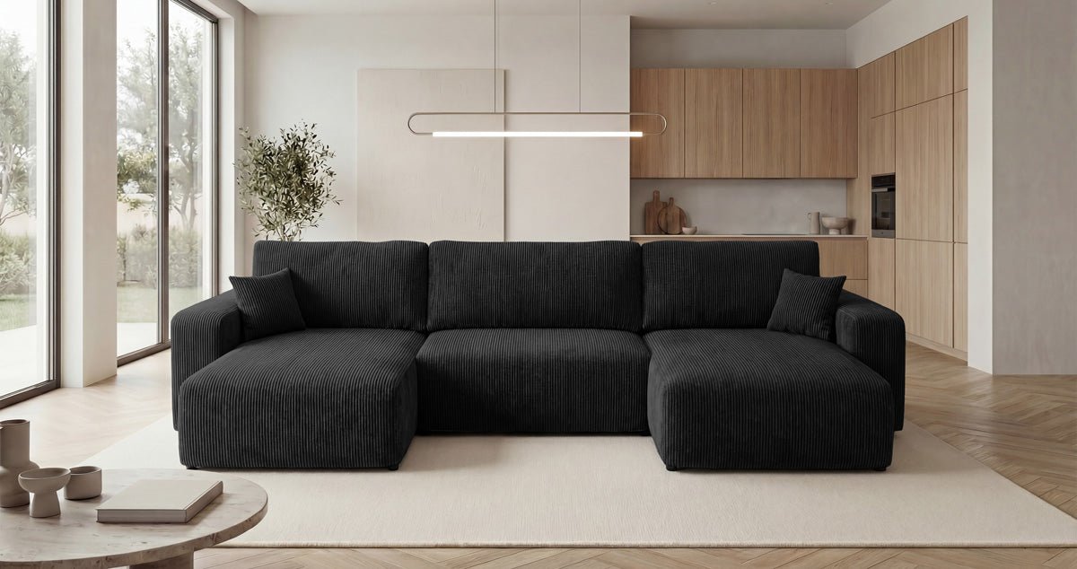 Designer Sofa Noma U mit Schlaffunktion und Stauraum in Cord