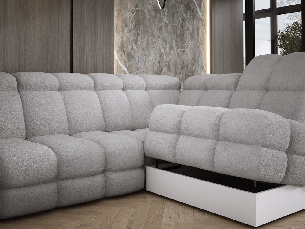 Designer Sofa Lima L mit elektrischer Schlaffunktion in Bouclé