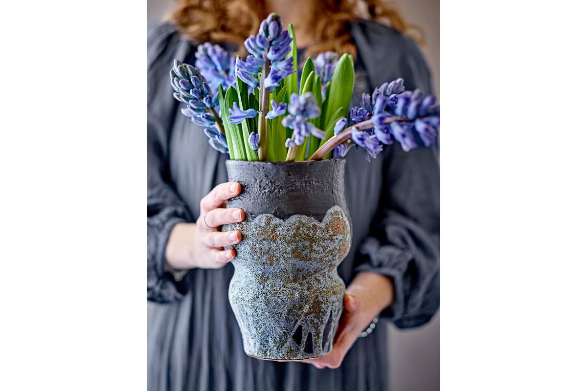 Blumentopf Elvar – Strukturierte Glasur in Blau mit Erdtönen