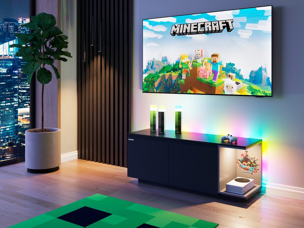 minecraft hängematte Minecraft Lowboard „BlockBase“ – mit Türen, Konsole-Fach & LED-Element