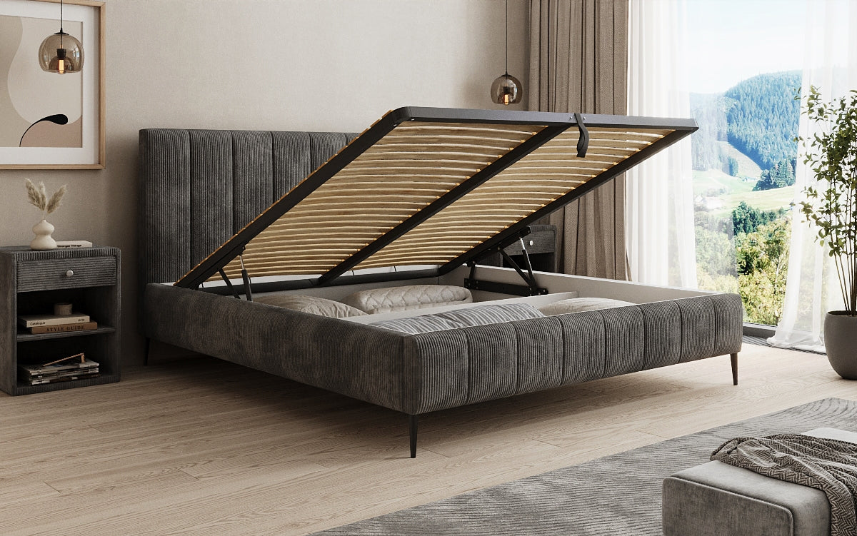 Designer Polsterbett Astrid in Cord mit Stauraum