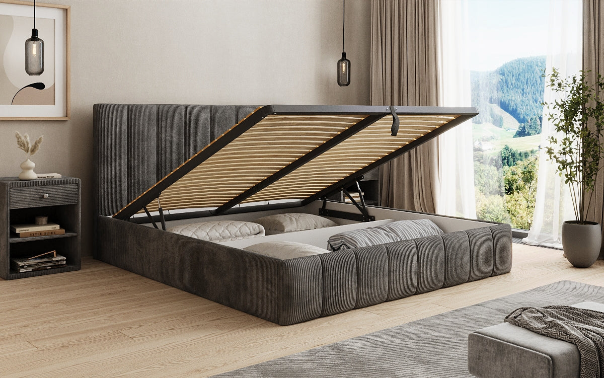 Designer Polsterbett Mila in Cord mit Stauraum