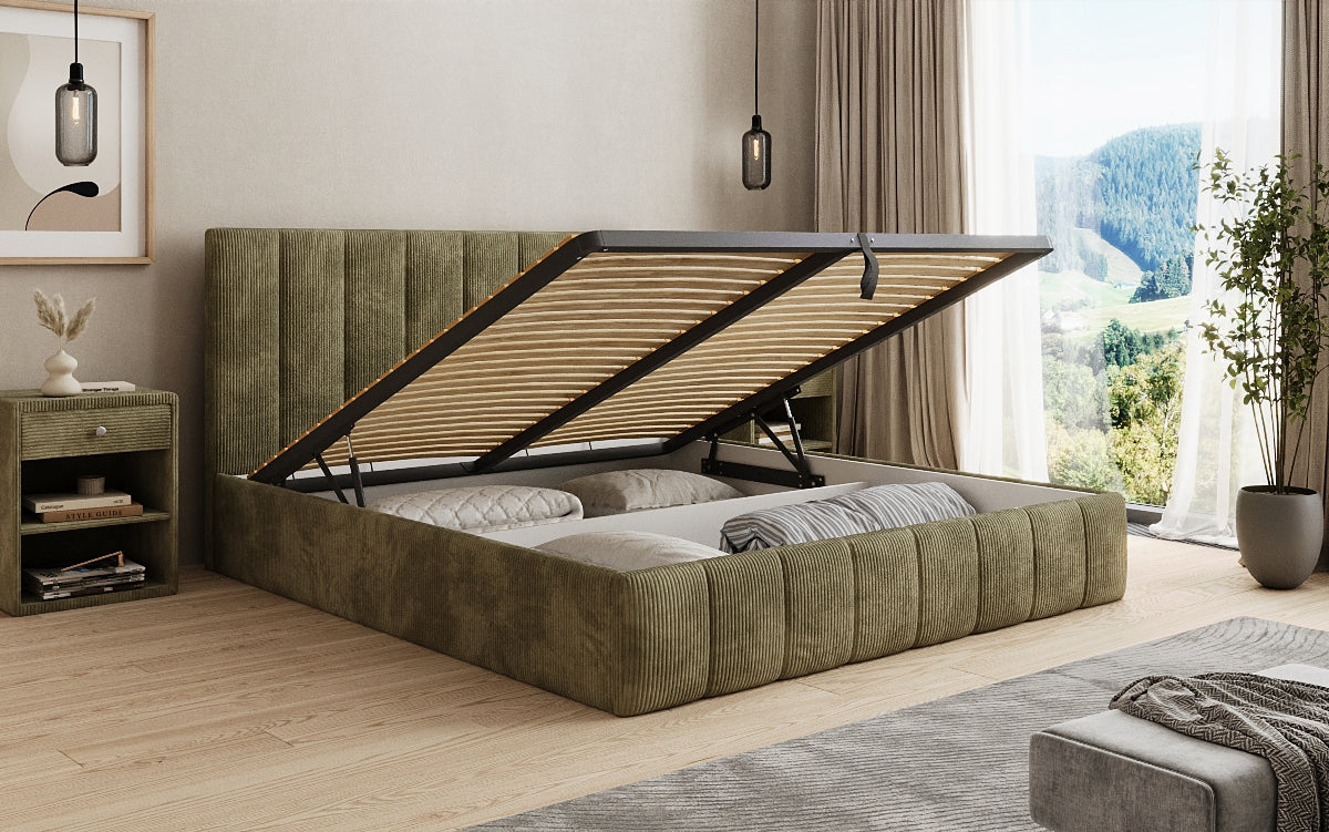 Designer Polsterbett Mila in Cord mit Stauraum