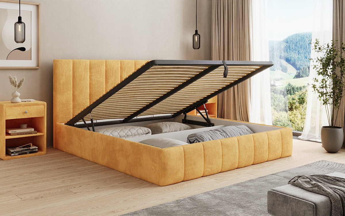 Designer Polsterbett Mila in Cord mit Stauraum