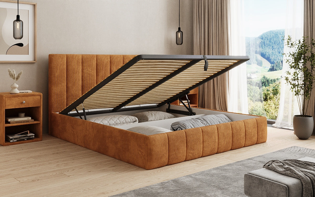 Designer Polsterbett Mila in Cord mit Stauraum