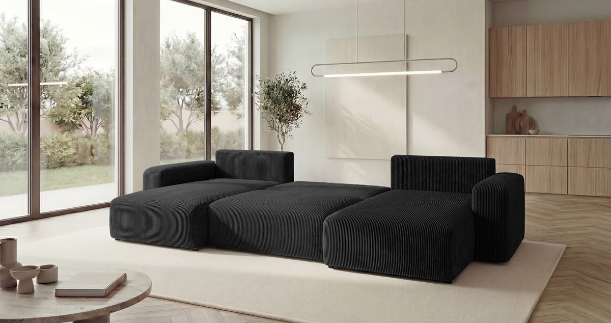 Designer Sofa Noma U mit Schlaffunktion und Stauraum in Cord
