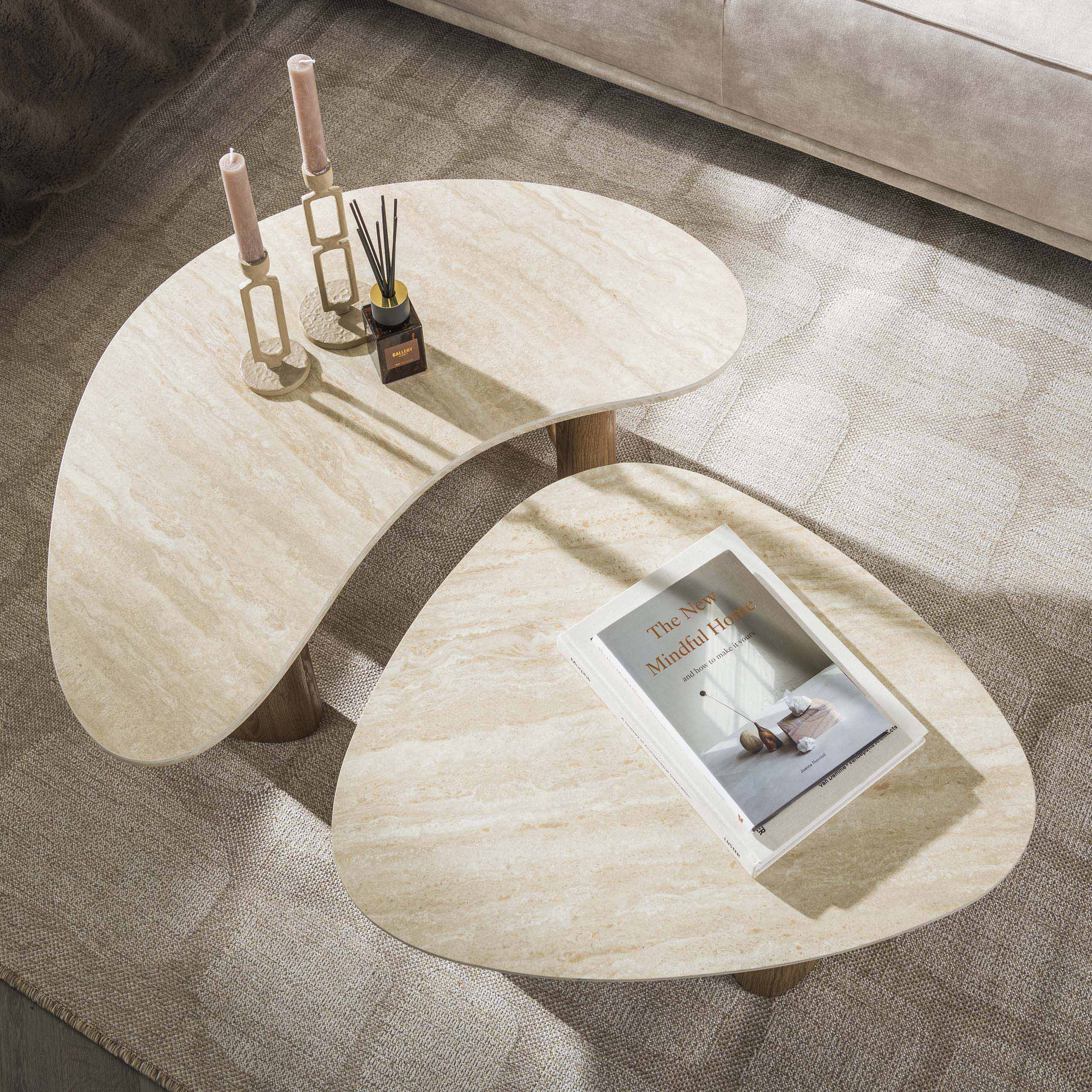 Couchtisch Orvella - 2er Set mit Keramikplatte in Travertinoptik und organischer Form