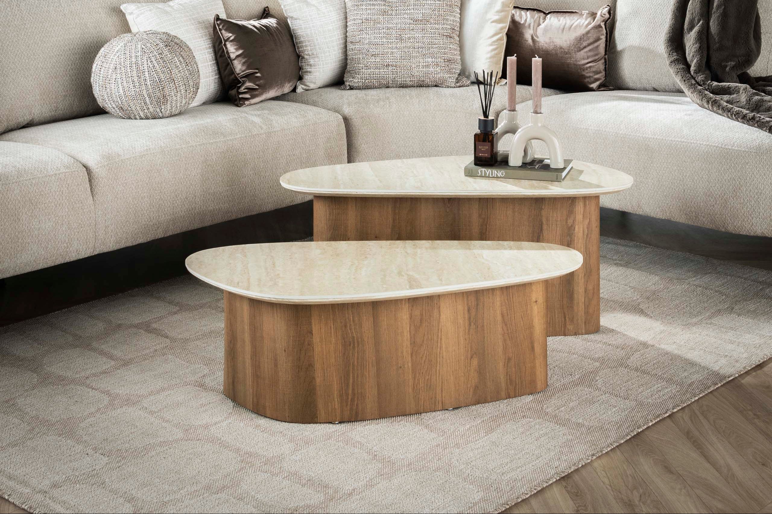 Couchtisch Sorelia - 2er Set mit Keramikplatte in Travertinoptik und dreieckiger Form