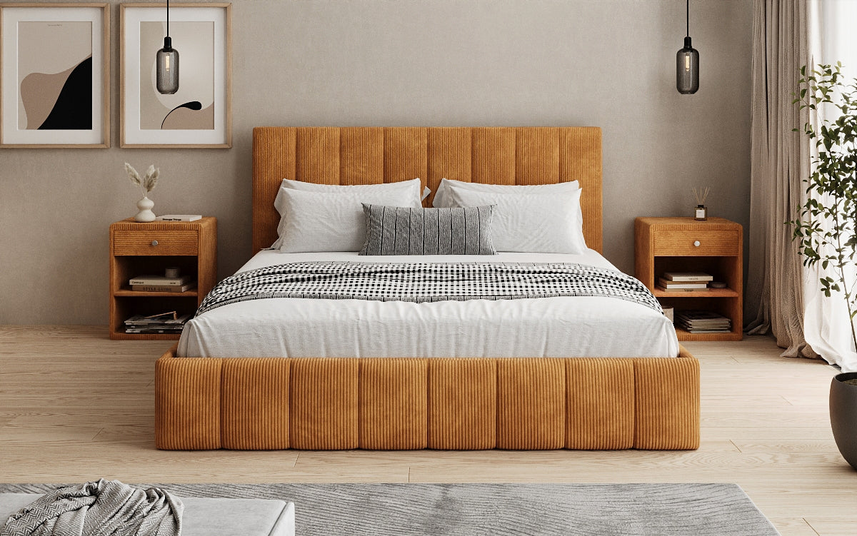 Designer Polsterbett Mila in Cord mit Stauraum