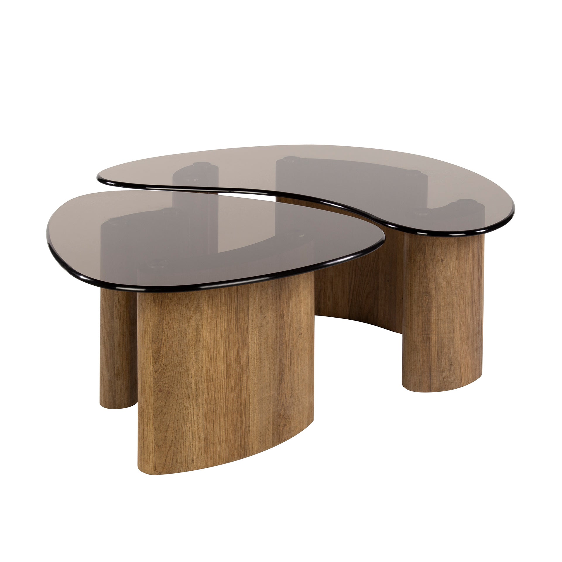 Couchtisch Aurora - 2er Set mit Tischplatte aus Rauchglas und Gestell in Eichenoptik