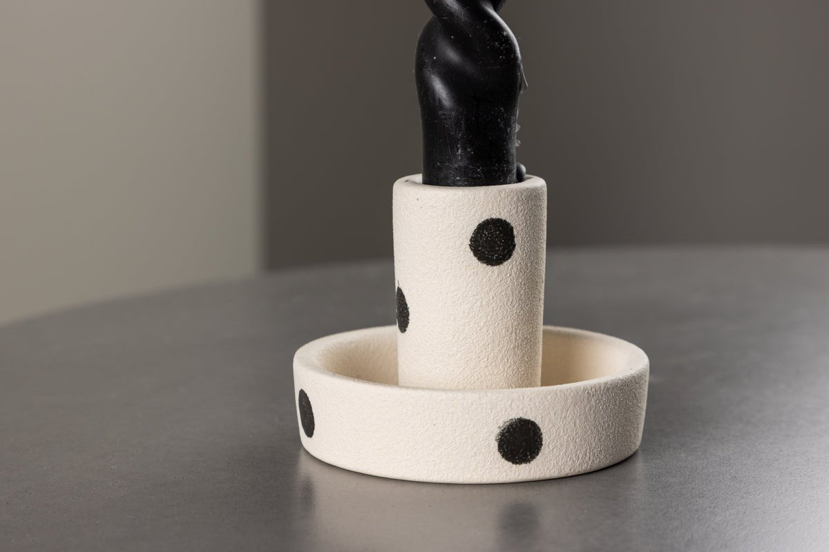 Kerzenhalter Lubica - Ø11 cm in Weiß mit schwarzen Punkten