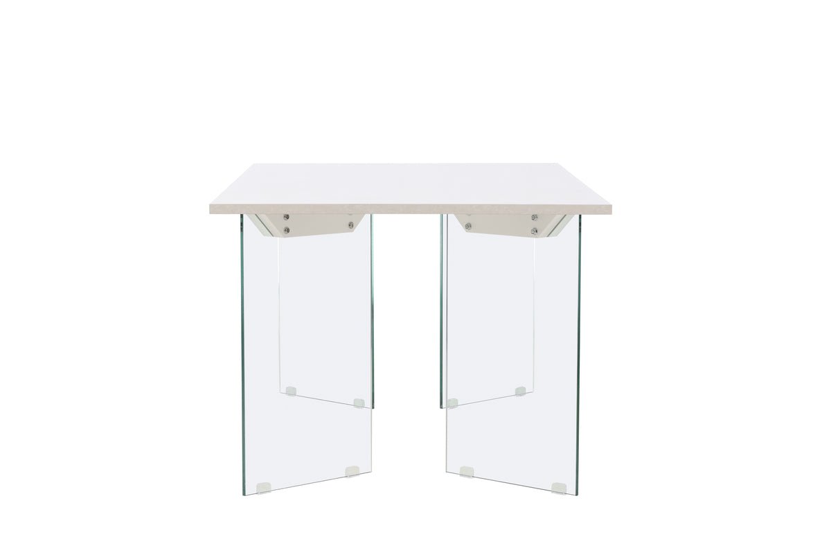 Esstisch Brevon - moderner Esstisch auf einem Glasgestell mit hellgrauer Tischplatte