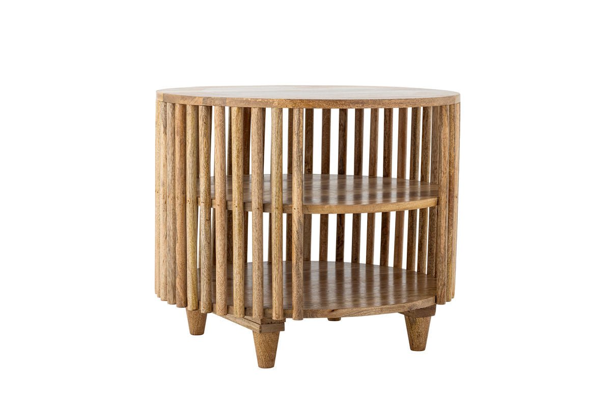 Couchtisch Keegan – Rundes Mangoholz-Design mit praktischen Ablagen