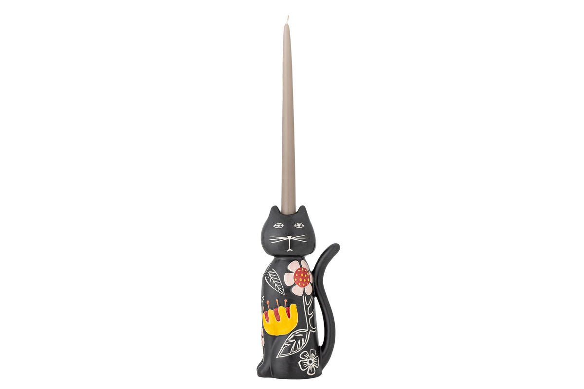 Kerzenhalter Nera – Handbemalte Katzenfigur mit floralen Akzenten
