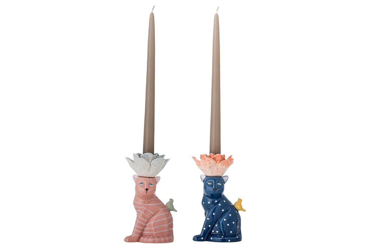 Kerzenhalter Felinea – Katzenmotiv mit reaktiver Glasur (2er-Set)