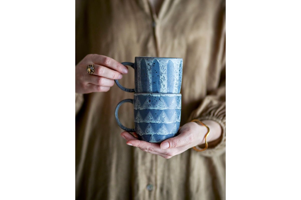 2er Set Becher Ula – Grau/Blau, gefertigt aus Steingut