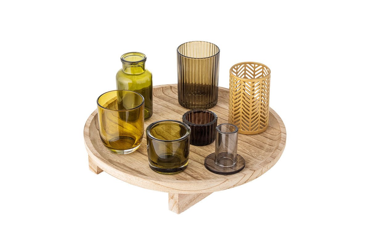 Tablett Heidi – Glas & Holz mit Teelichthaltern (8er-Set)