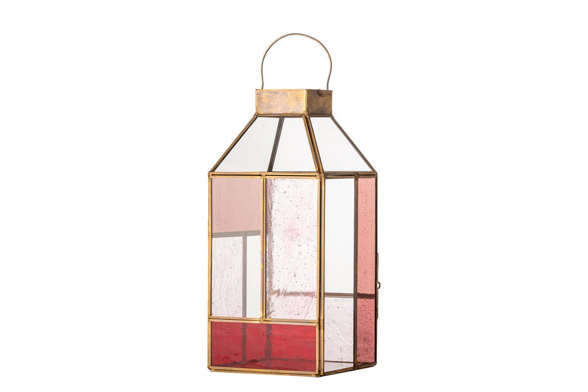 Laterne Amara – Roséfarbenes Glas mit messingfarbenem Rahmen