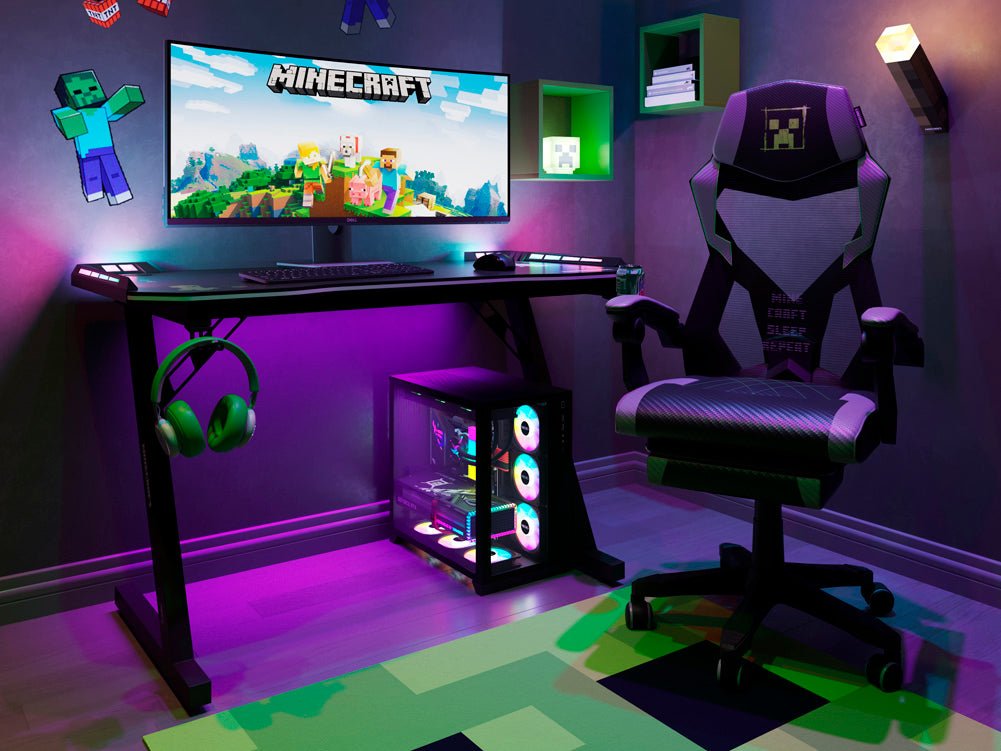 Minecraft Gaming Tisch „EnderCraft“ – mit LED, Becher- & Headsethalter