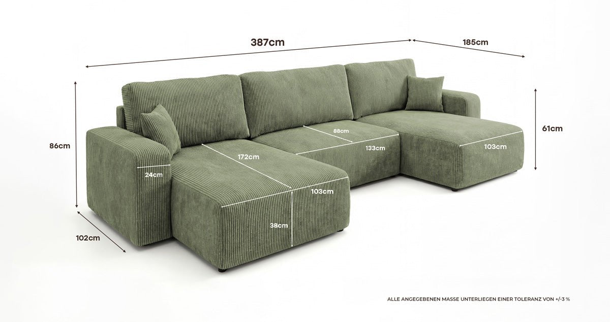 Designer Sofa Noma U mit Schlaffunktion und Stauraum in Cord