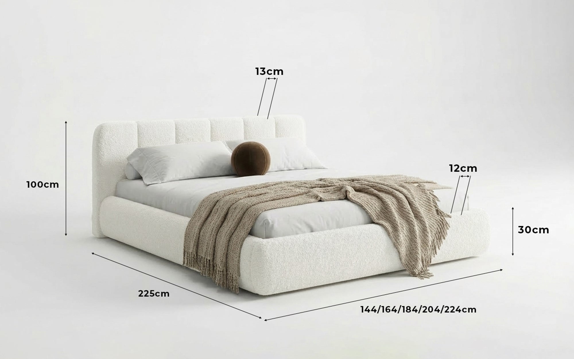 Designer Polsterbett Avelo in Bouclé mit Stauraum