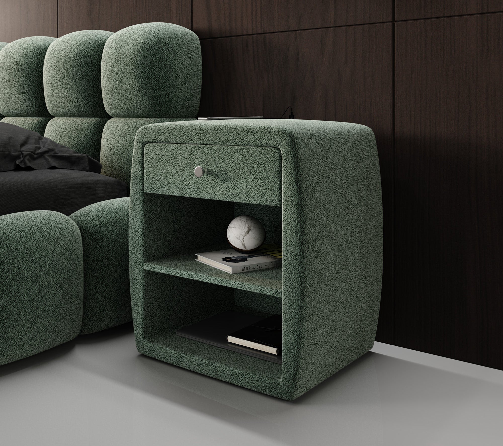 Designer Nachttisch Lilly mit USB Anschluss in Strukturstoff