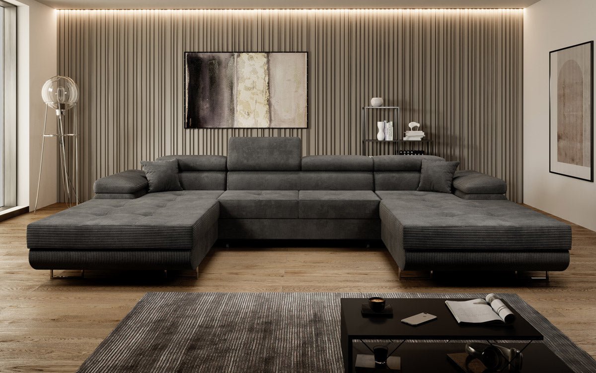 Designer Sofa Calvera U mit Schlaf- und Klappfunktion in Cord