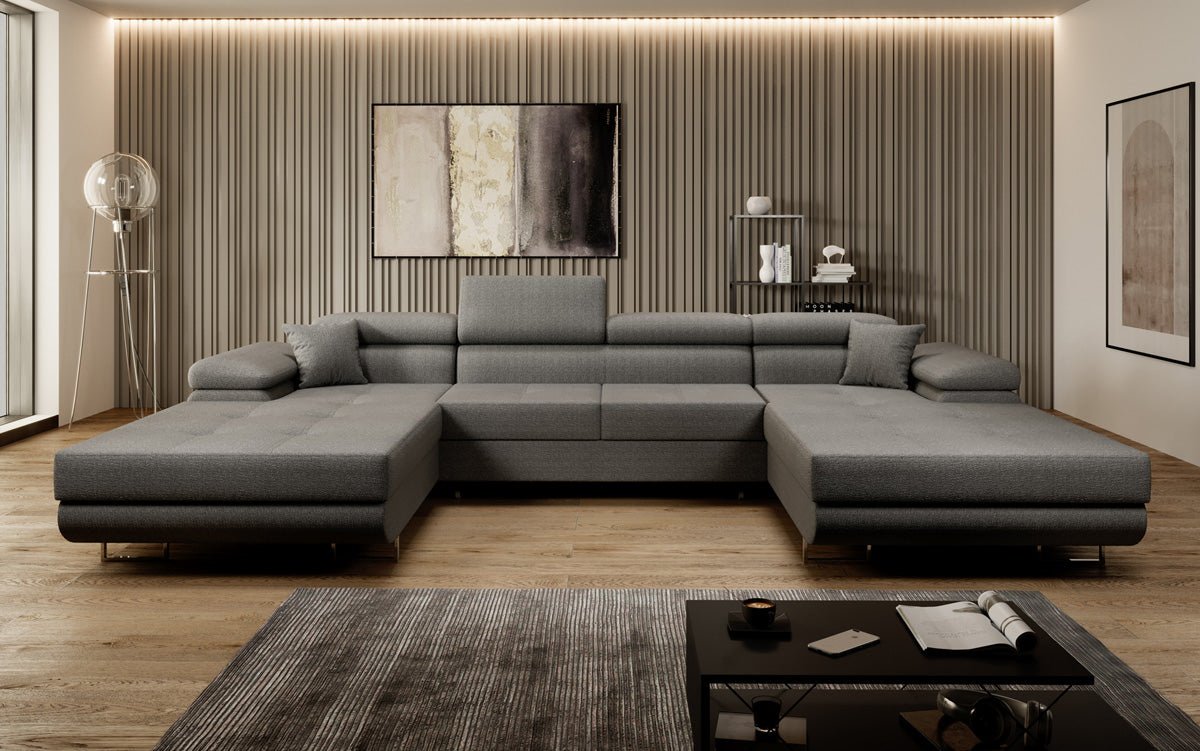 Designer Sofa Calvera U mit Schlaf- und Klappfunktion in Bouclé