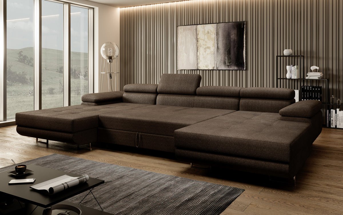 Designer Sofa Calvera U mit Schlaf- und Klappfunktion in Bouclé