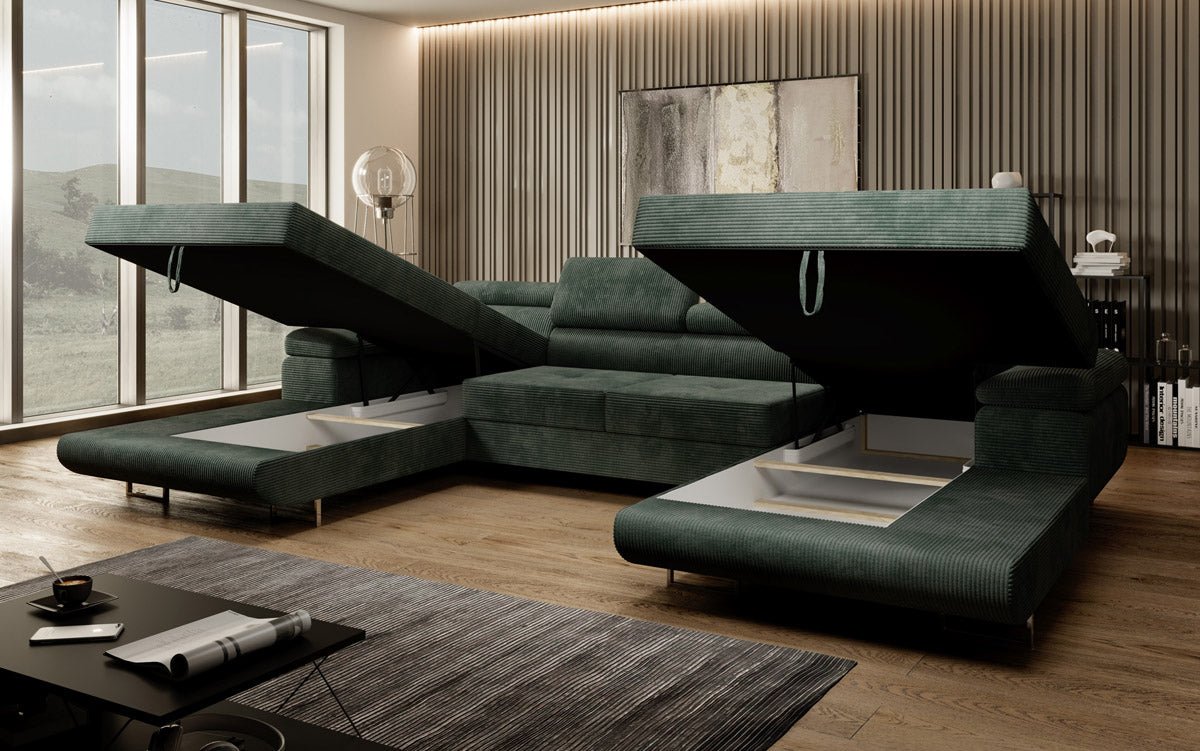 Designer Sofa Calvera U mit Schlaf- und Klappfunktion in Cord