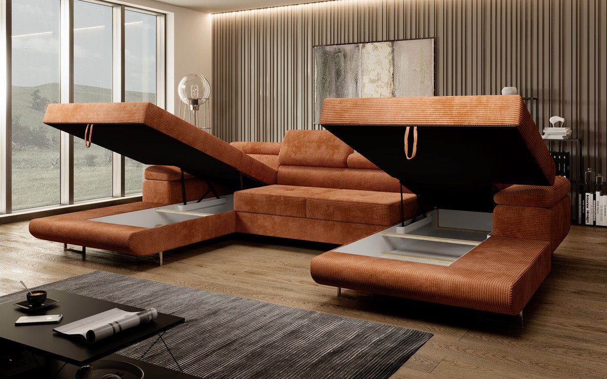 Designer Sofa Calvera U mit Schlaf- und Klappfunktion in Cord