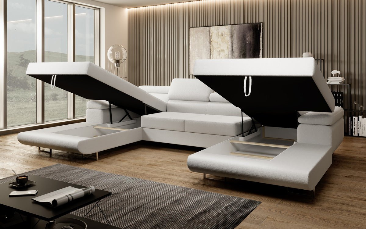 Designer Sofa Calvera U mit Schlaf- und Klappfunktion in Bouclé