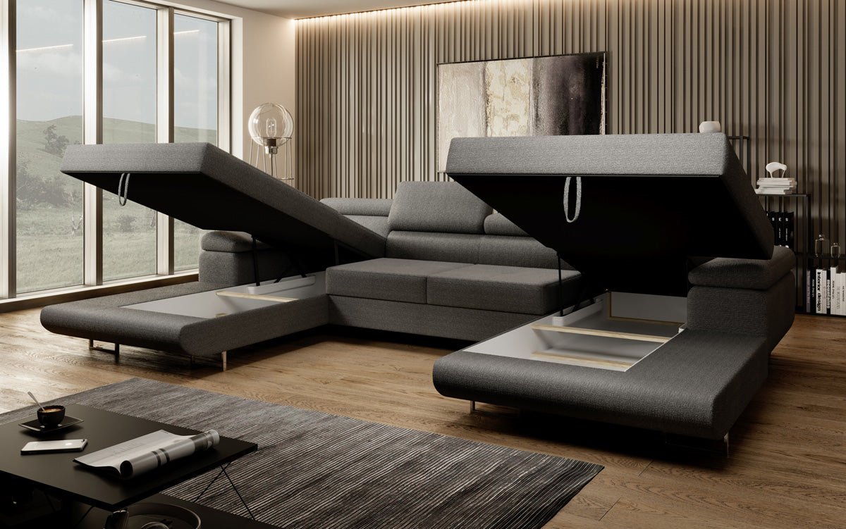 Designer Sofa Calvera U mit Schlaf- und Klappfunktion in Bouclé