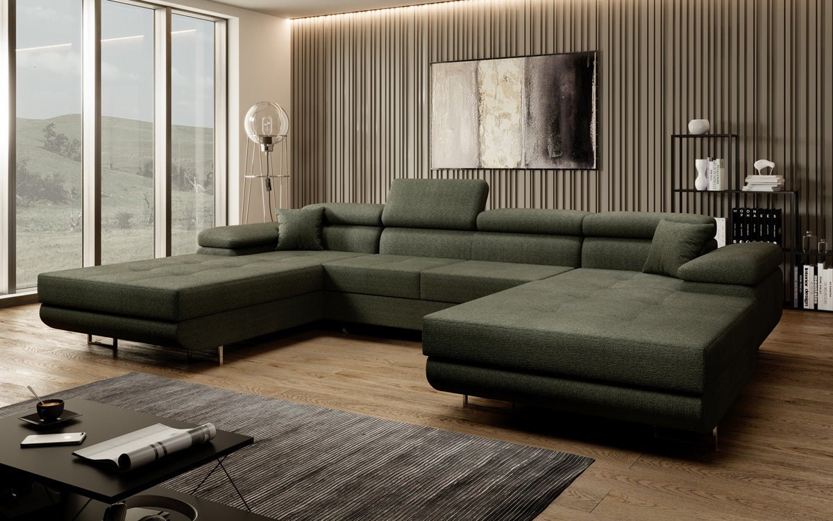 Designer Sofa Calvera U mit Schlaf- und Klappfunktion in Bouclé