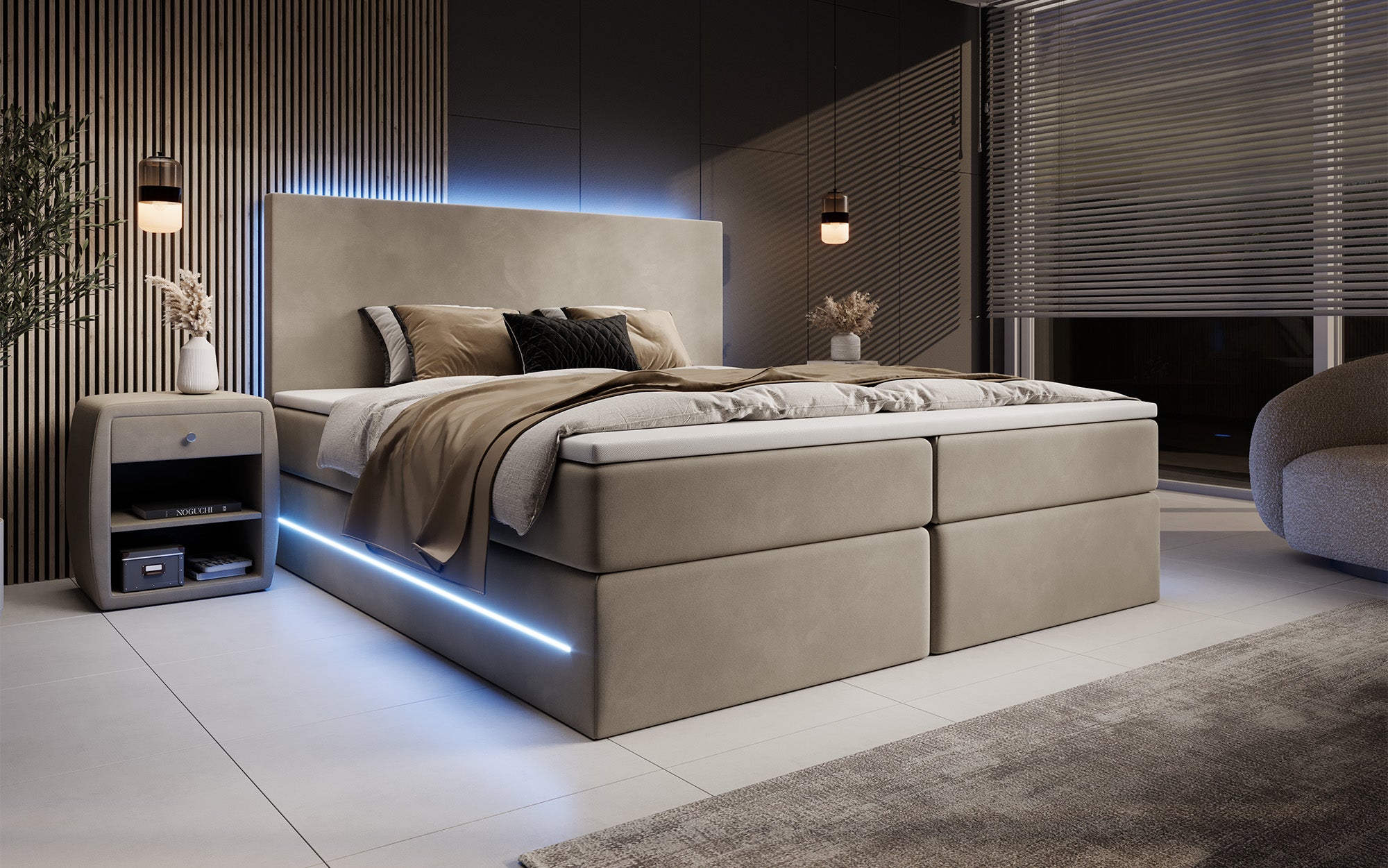 boxspringbetten mit aufbewahrung Boxspringbett Voyage mit LED u. Stauraum in Samt