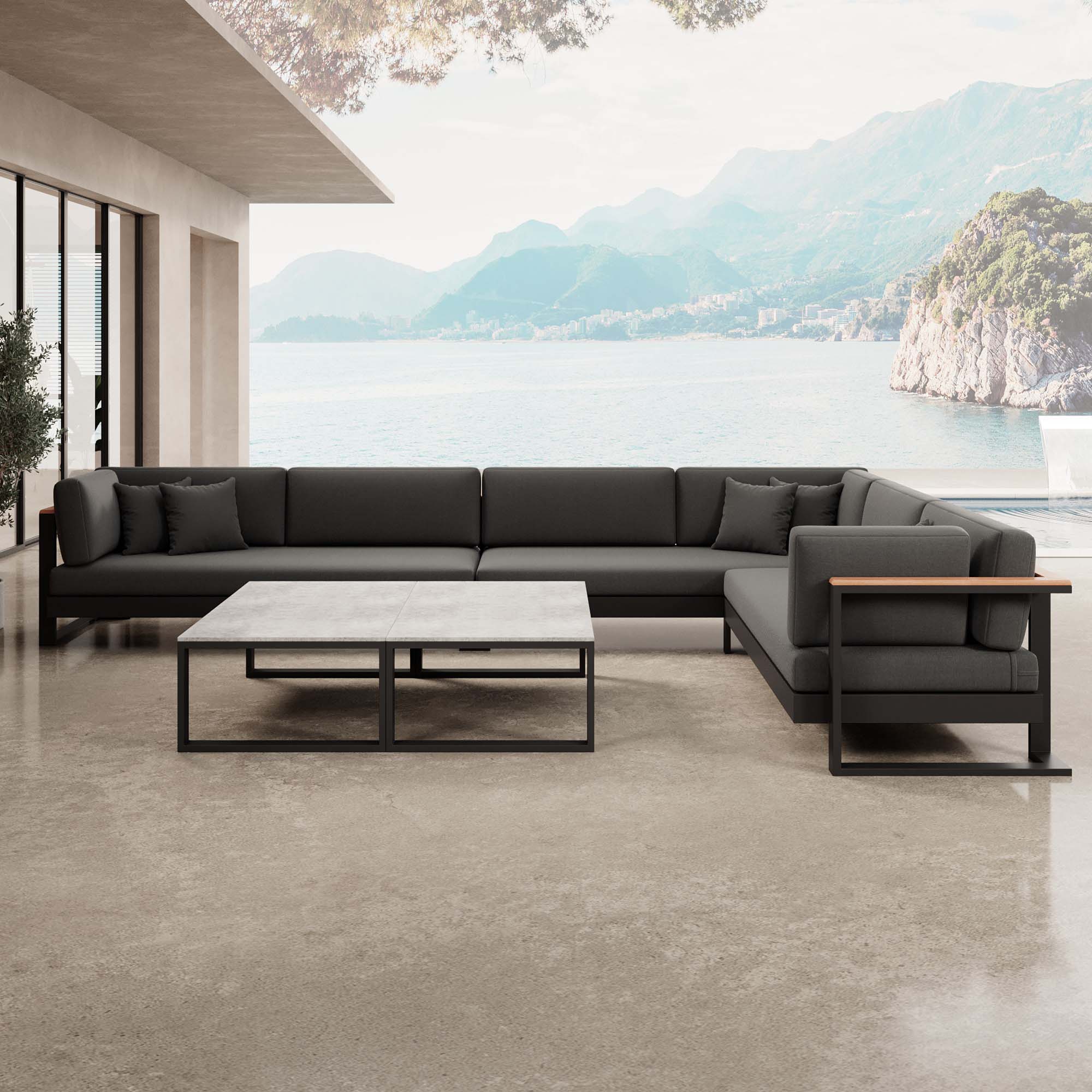 Vayla – Wohnlandschaft mit Doppeltisch & Ecksofa aus schwarzem Aluminium | Aevora™ Kollektion