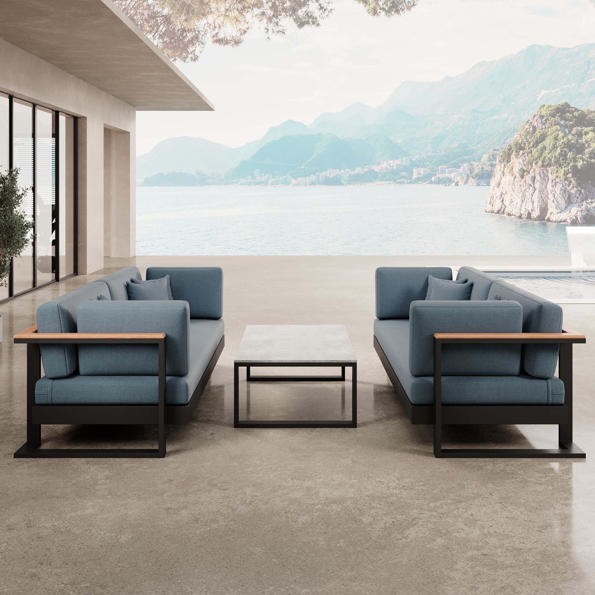 Vayla – 2 Zweisitzer & Tisch aus schwarzem Aluminium | Aevora™ Kollektion