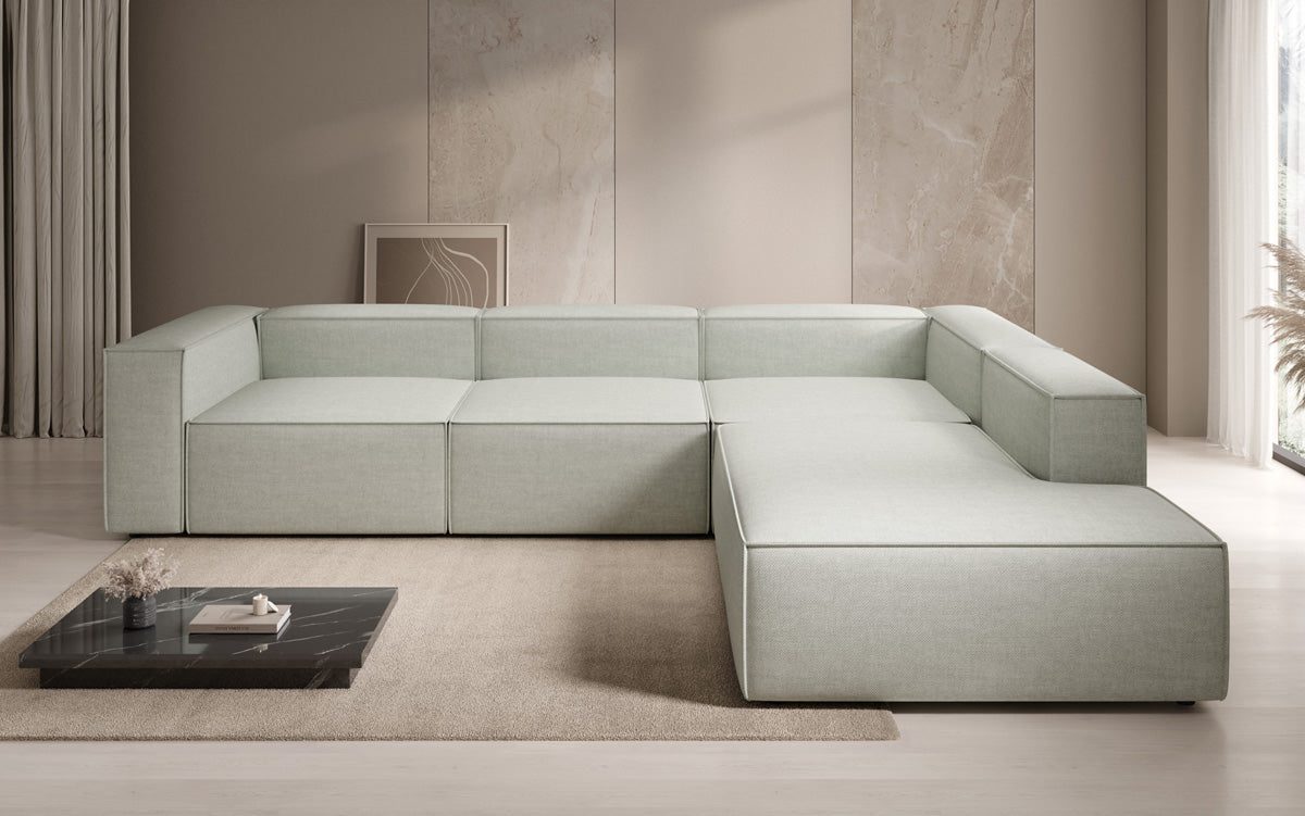 Designer Ecksofa Lesley mit langer Ottomane in Leinen-Optik