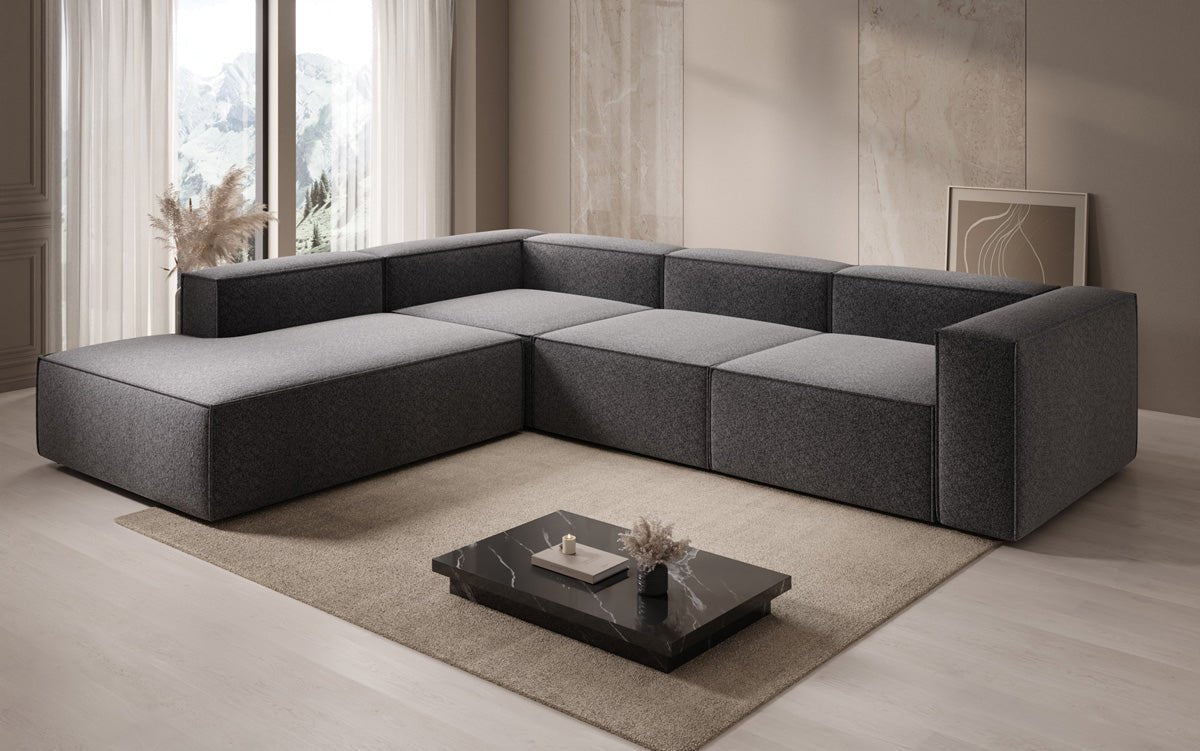 Designer Sofa Lesley L mit langer Ottomane in Strukturstoff