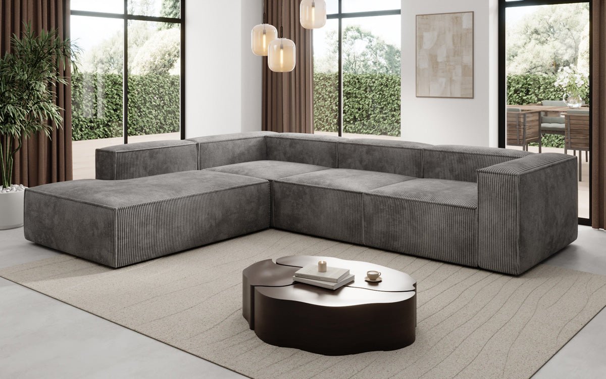 Designer Ecksofa Lesley mit langer Ottomane in Cord
