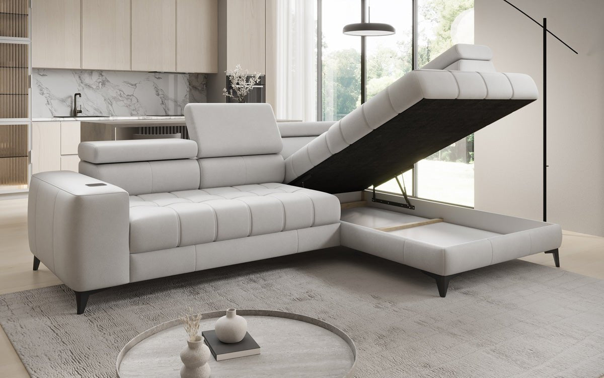 Designer L Sofa Seluna mit elektrischer Schlaffunktion, Induktion und Stauraum in Echtleder