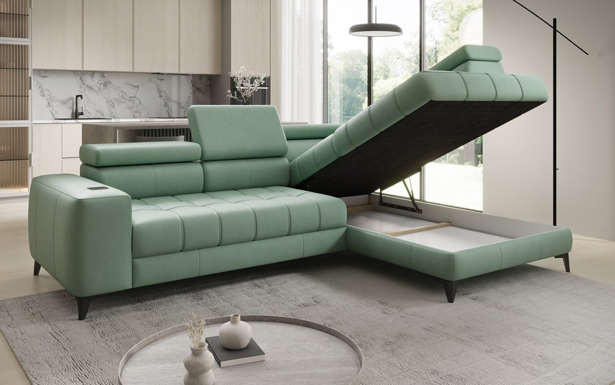 Designer L Sofa Seluna mit elektrischer Schlaffunktion, Induktion und Stauraum in Echtleder