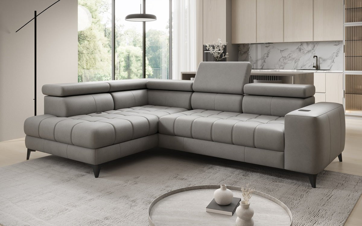 Designer L Sofa Seluna mit elektrischer Schlaffunktion, Induktion und Stauraum in Echtleder