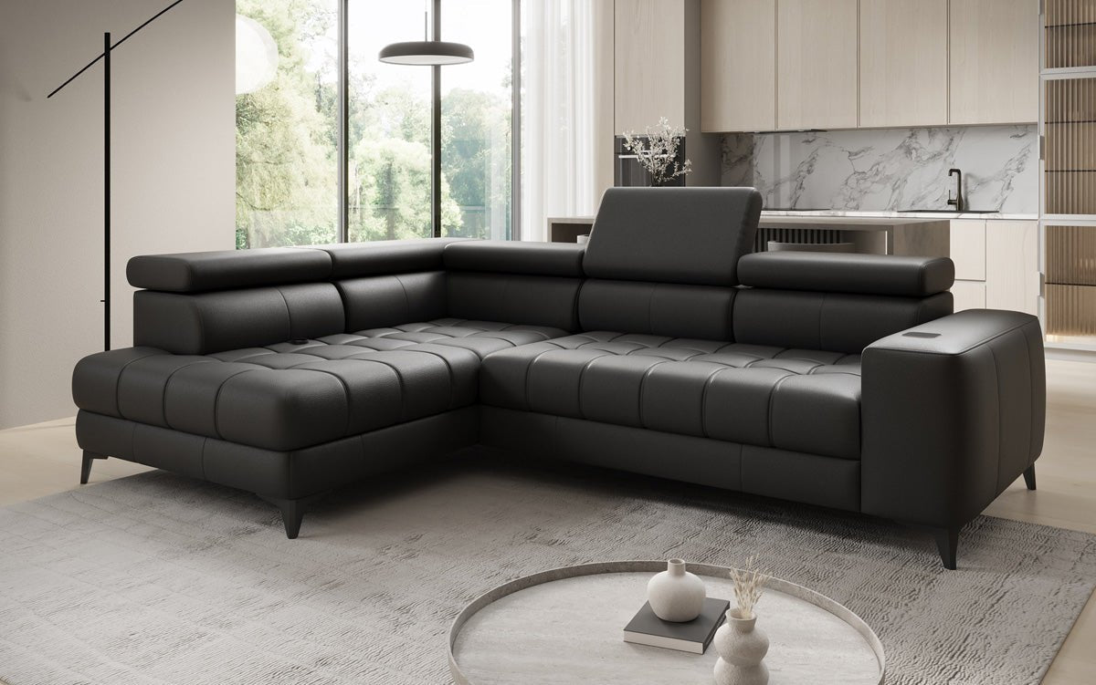 Designer Ecksofa Seluna mit elektrischer Schlaffunktion, Induktion und Stauraum in Echtleder